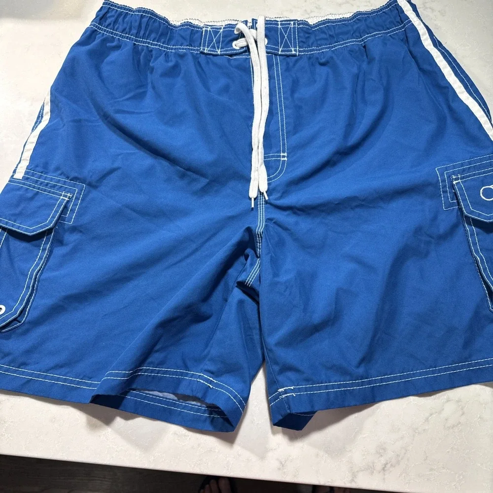 OP MESH LINED Board Shorts Mens Large Blue White Striped Cargo‎ Swim Trunks